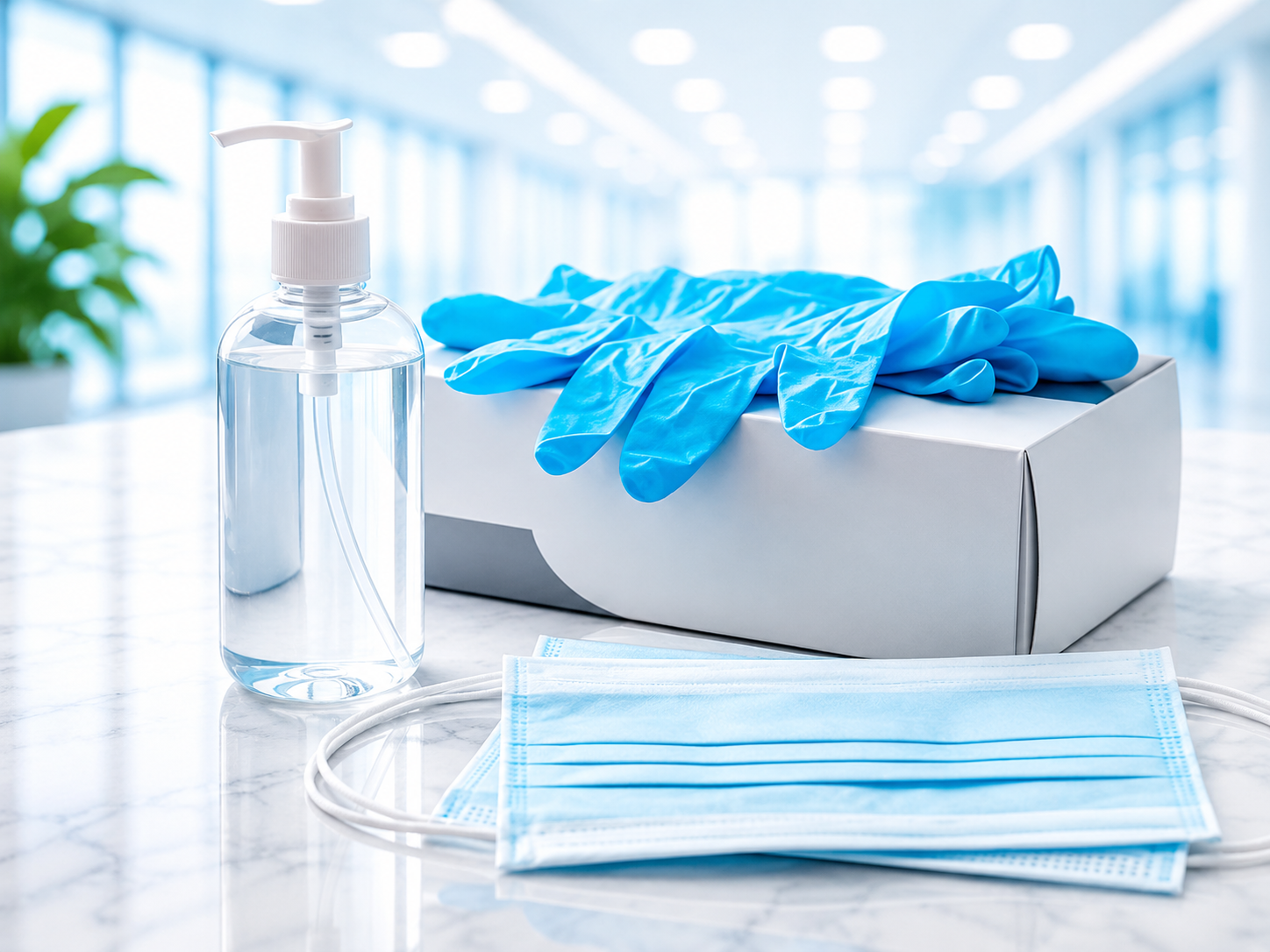 Nitrile examination gloves, face masks and hand sanitiser personal protective equipment