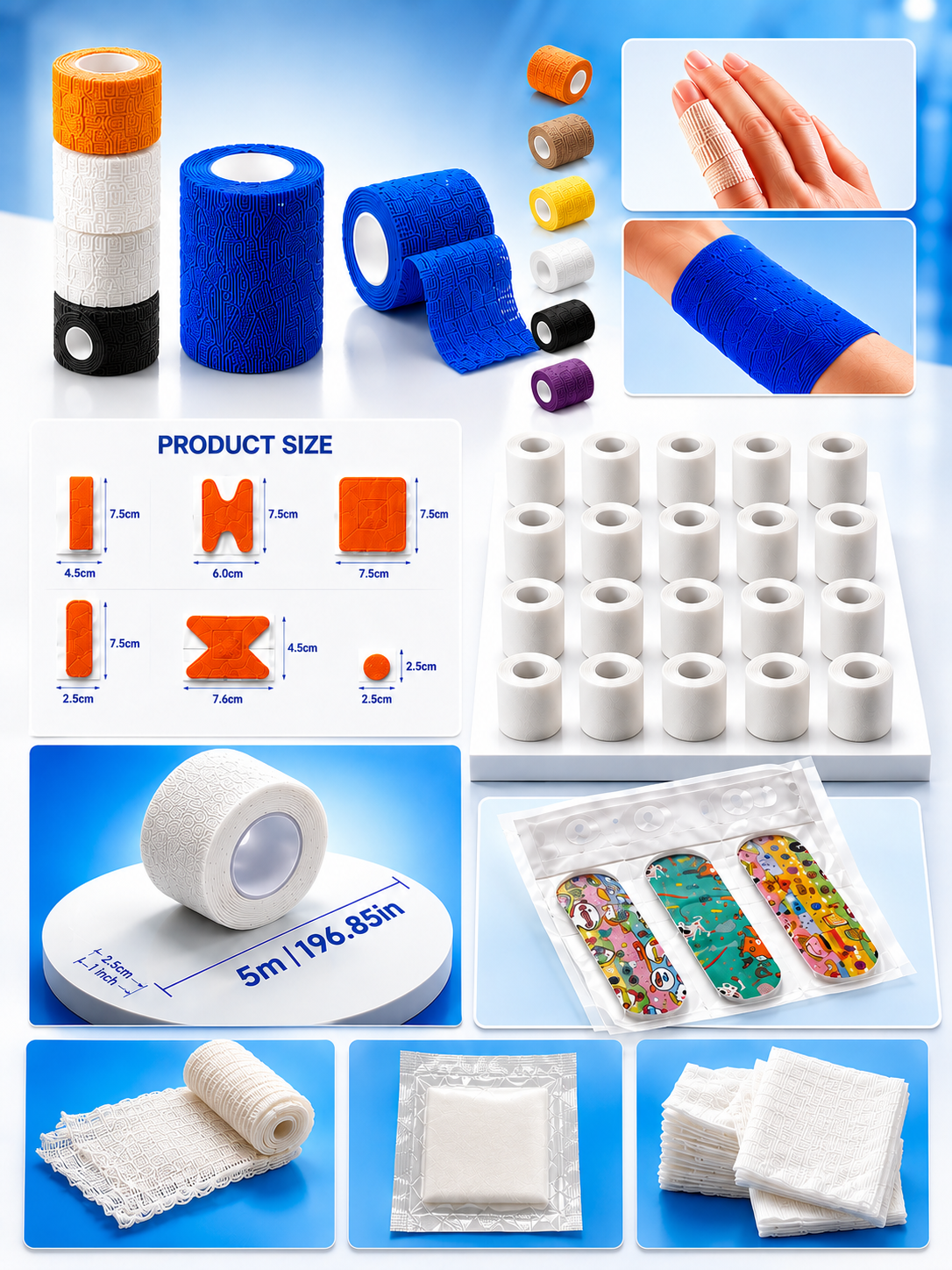 Gauze rolls, bandages and plasters used for wound care dressings