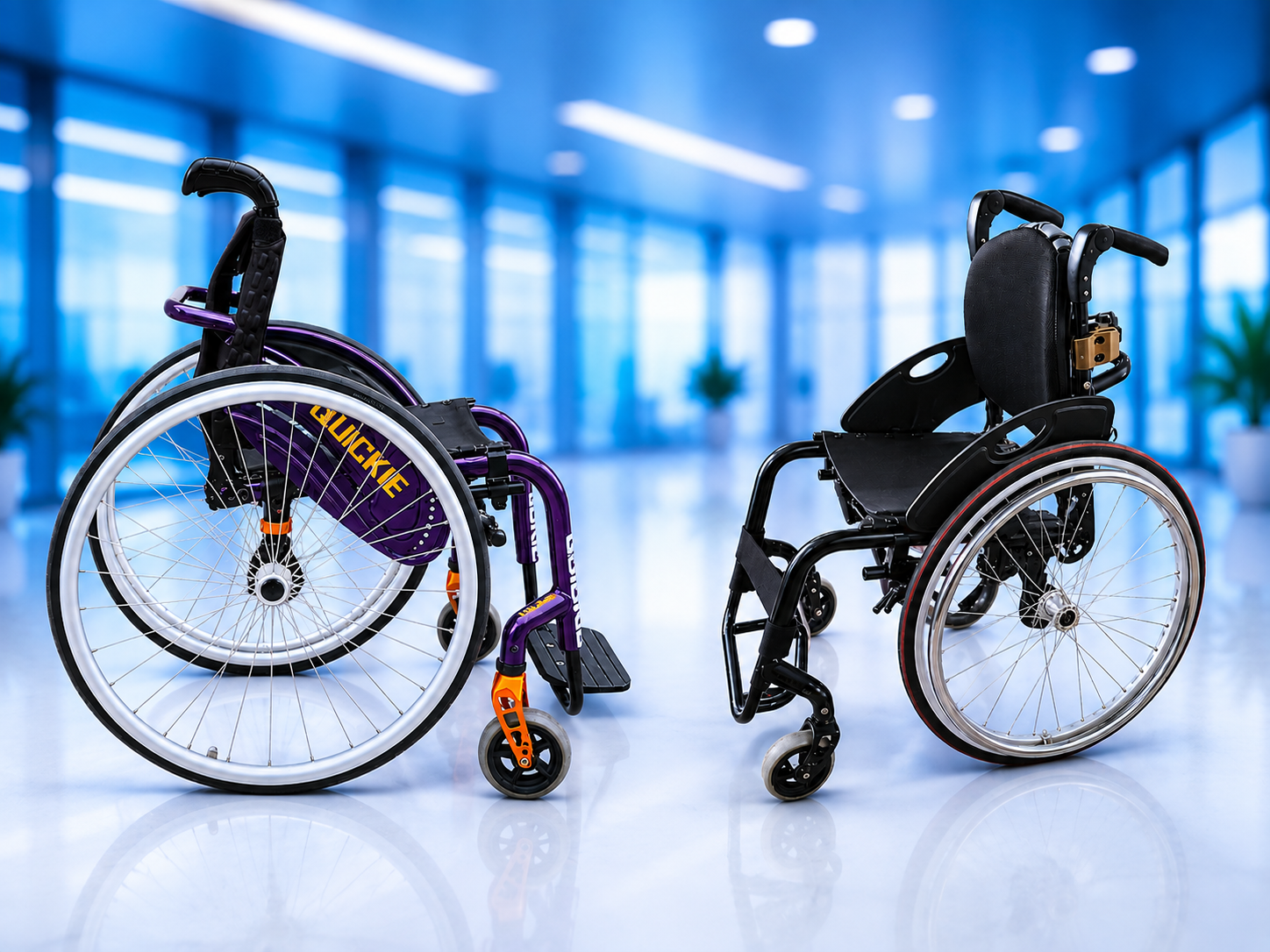 Refurbished wheelchairs and walking frames in a care facility corridor