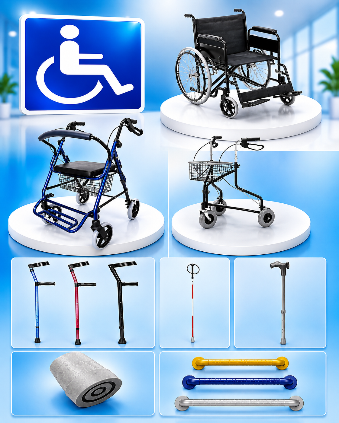 Crutches, walking sticks, rollators and grab rails mobility aids