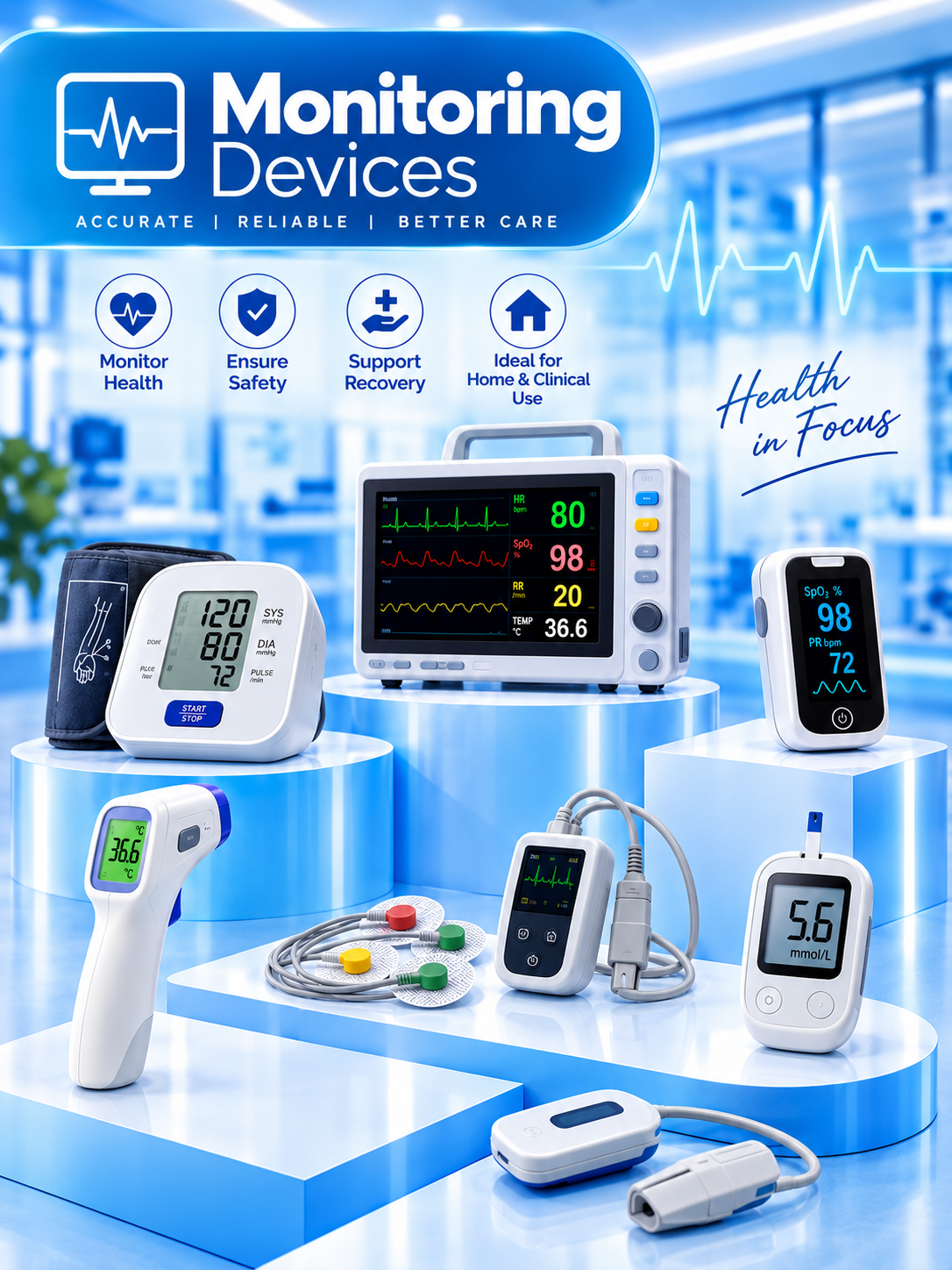 Blood pressure monitor, pulse oximeter and medical thermometer monitoring devices