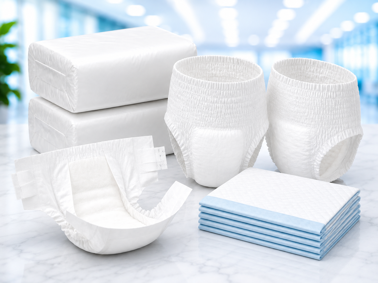 Adult diapers, pull-up pants and incontinence underpads for home care