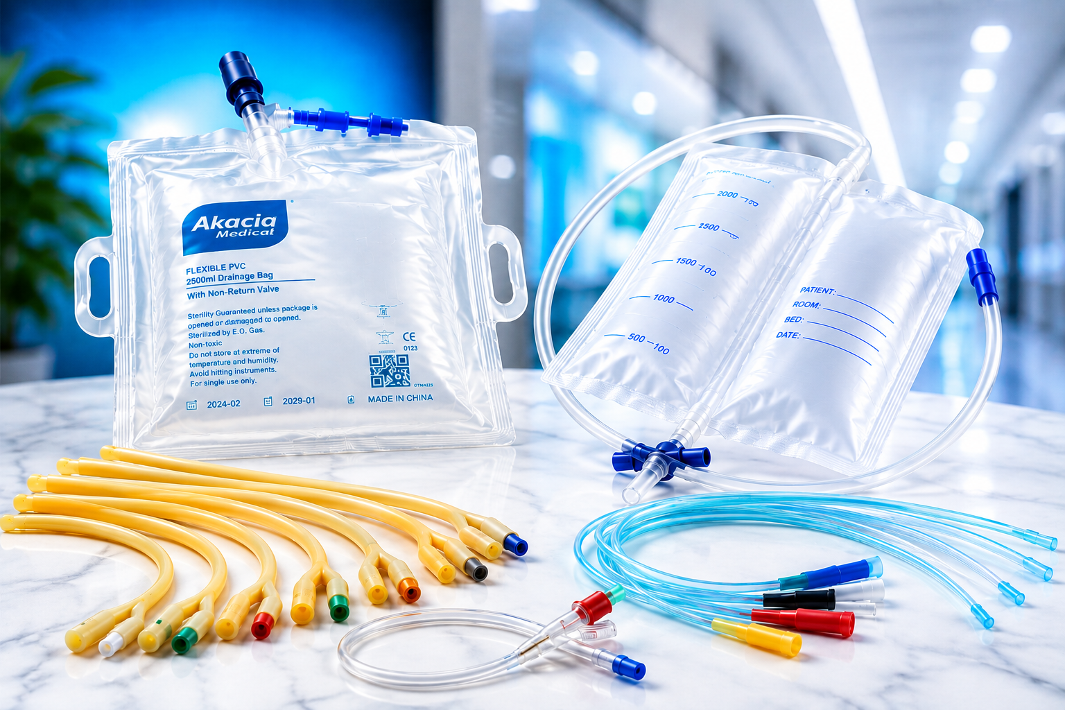 Urology supplies including urine drainage bags and catheter accessories